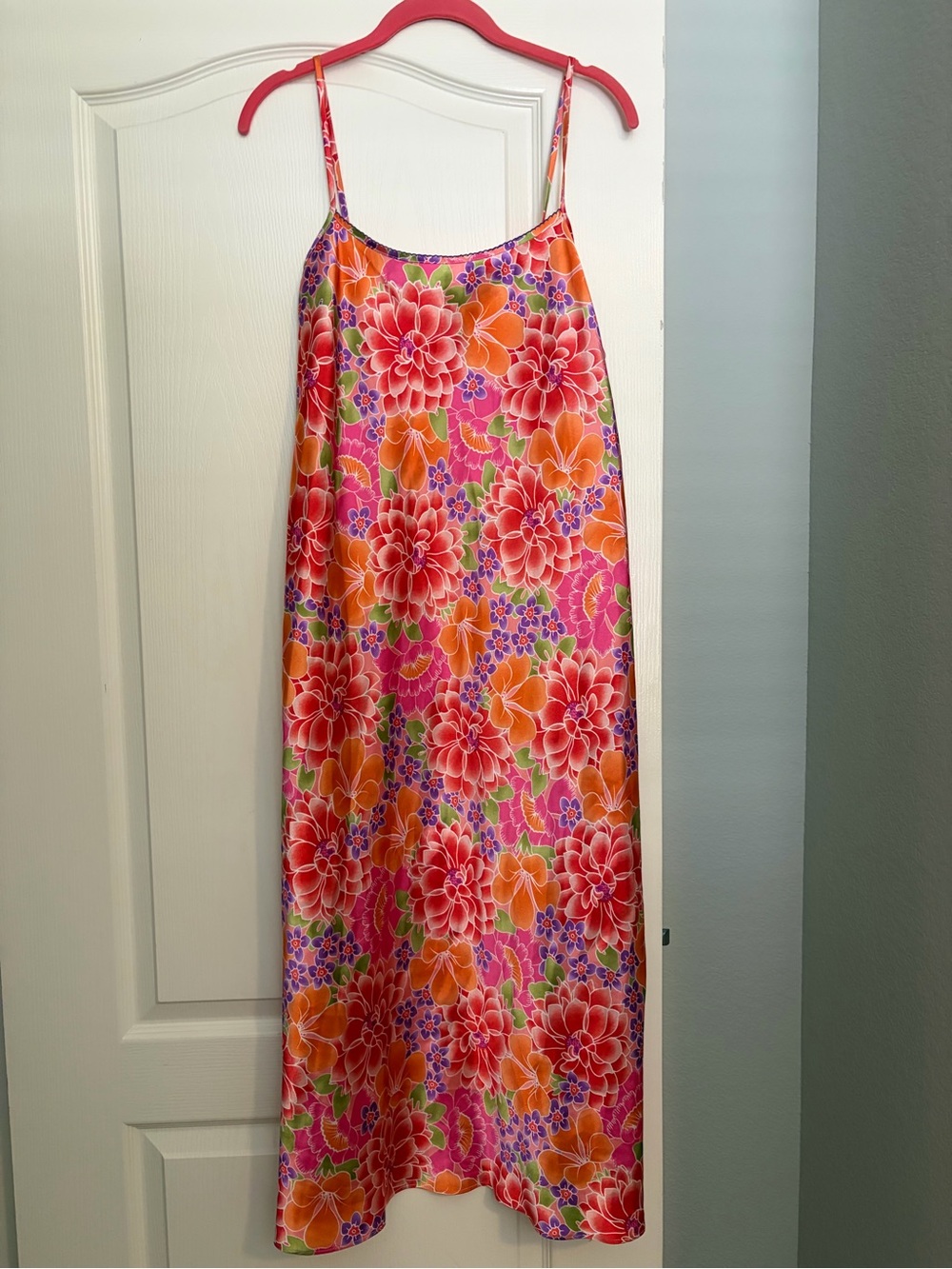 Vintage Chuz Floral Satin Slip Maxi Dress Pink Orange Size Large